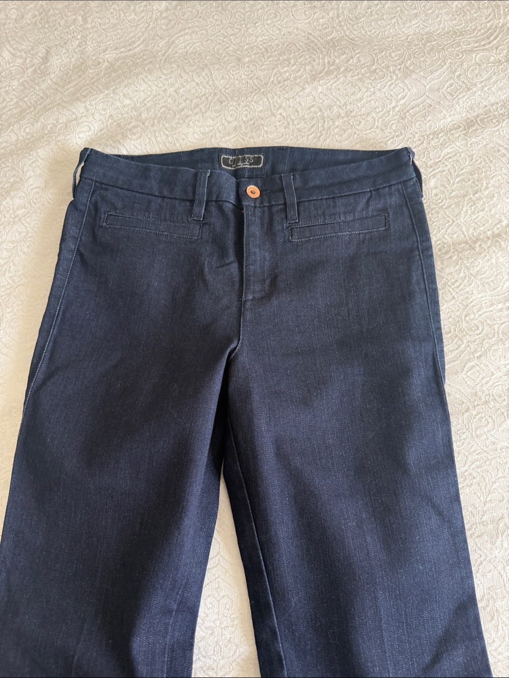 Guess Women's Navy Straight-Leg Jeans with some flare at bottom.